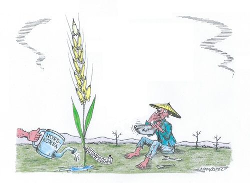 Cartoon: Atomwaffen statt Nahrung (medium) by mandzel tagged nordkorea,atomwaffen,hunger,kim,nordkorea,atomwaffen,hunger,kim