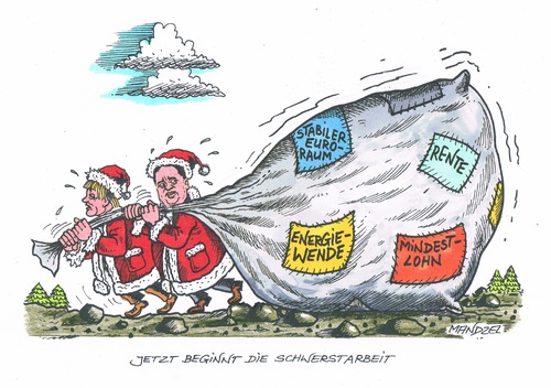 Cartoon: Beginn der Schwerstarbeit (medium) by mandzel tagged merkel,gabriel,sack,weihnachtsmänner,merkel,gabriel,sack,weihnachtsmänner
