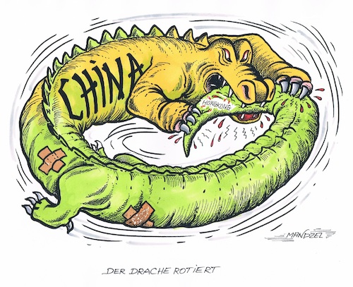Cartoon: Chinas Hongkong-Dilemma (medium) by mandzel tagged china,hongkong,demonstrationen,proteste,gesetzesvorhaben,freiheitsdemontagen,china,hongkong,demonstrationen,proteste,gesetzesvorhaben,freiheitsdemontagen