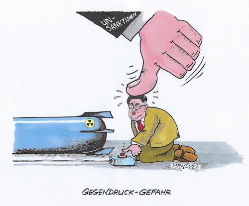 Cartoon: Druckaufbau (medium) by mandzel tagged kim,nordkorea,nuklearwaffen,usa,druckaufbau,sanktionen,kim,nordkorea,nuklearwaffen,usa,druckaufbau,sanktionen