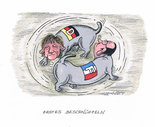 Cartoon: Erstes beschnüffeln (medium) by mandzel tagged merkel,hollande,hundegeschnüffel,erste,kontaktaufnahme,merkel,hollande,hundegeschnüffel