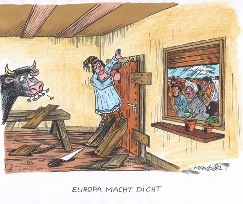 Cartoon: EU lässt Flüchtlinge außen vo (medium) by mandzel tagged flüchtlinge,willkommenskultur,deutschland,europa,asyl,aussperrung,flüchtlinge,willkommenskultur,deutschland,europa,asyl,aussperrung