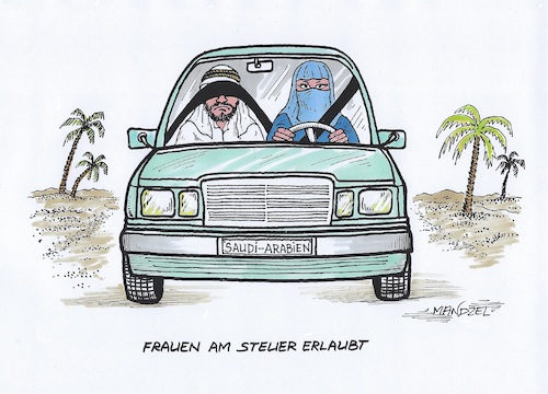 Cartoon: Fahrerlaubnis für Frauen (medium) by mandzel tagged autofahren,frauen,gleichberechtigung,arabien,autofahren,frauen,gleichberechtigung,arabien