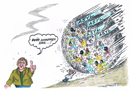 Cartoon: Flüchtlingsandrang (medium) by mandzel tagged flüchtlinge,merkel,michel,sisyphusarbeit,asyl,deutschland,flüchtlinge,merkel,michel,sisyphusarbeit,asyl,deutschland