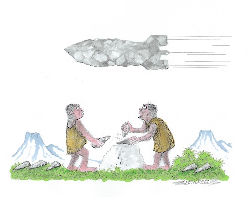 Cartoon: Fortschritt in der Waffentechnik (medium) by mandzel tagged frühzeit,waffen,faustkeil,rakete,frühzeit,waffen,faustkeil,rakete