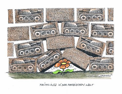 Cartoon: Frühling in der arabischen Welt (medium) by mandzel tagged mauer,panzer,zartes,pflänzchen,reformhoffnung,bewegung,einsturzgefahr,druck