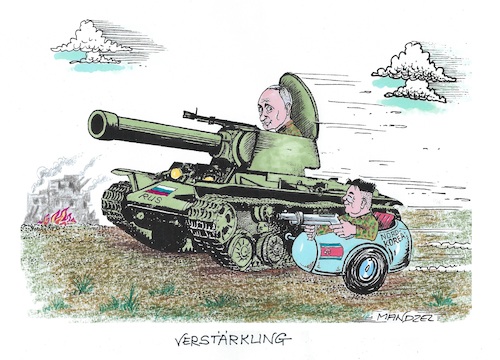 Cartoon: Kriegsgespann (medium) by mandzel tagged putin,kim,nordkorea,ukraine,russland,putin,kim,nordkorea,ukraine,russland