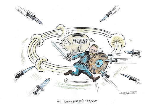 Cartoon: Lindner in Verteidigungsposition (medium) by mandzel tagged lindner,schuldenbremse,lindner,schuldenbremse