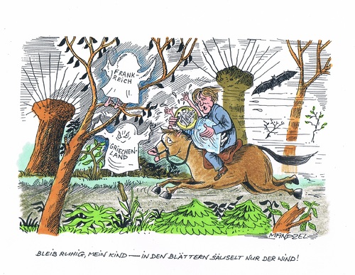 Cartoon: Merkel durch Nacht und Wind (medium) by mandzel tagged szene,gespenstische,griechenland,frankreich,merkel,euro,euro,frankreich,griechenland,szene,gespenstische