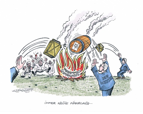 Cartoon: Mohammed Schähungen (medium) by mandzel tagged mohammed,schmähungen,öl,ins,feuer,mohammed,schmähungen,öl,ins,feuer