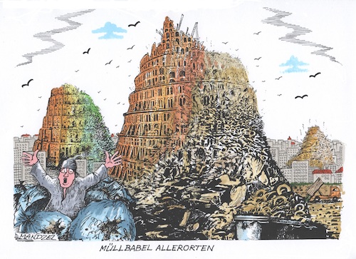Cartoon: Müll-Babel (medium) by mandzel tagged müll,plastik,städte,verunreinigungen,umweltprobleme,müll,plastik,städte,verunreinigungen,umweltprobleme