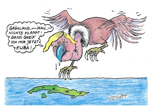 Cartoon: Neue Aktion (medium) by mandzel tagged trump,iran,grönland,kuba,trump,iran,grönland,kuba