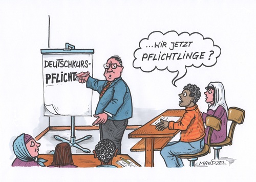 Cartoon: Pflichten für Flüchtlinge (medium) by mandzel tagged flüchtlinge,deutschkurse,integration,lernwilligkeit,anpassungsfähigkeit,flüchtlinge,deutschkurse,integration,lernwilligkeit,anpassungsfähigkeit
