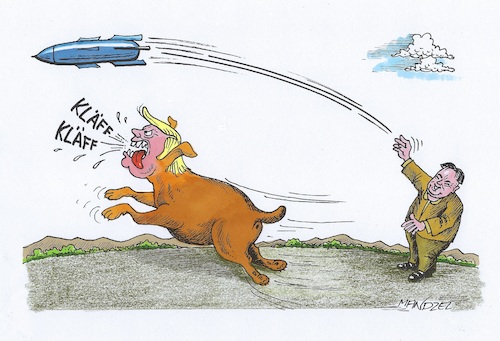 Cartoon: Raketenmann und Hund (medium) by mandzel tagged trump,kim,usa,nordkorea,raketen,hund,gekläffe,trump,kim,usa,nordkorea,raketen,hund,gekläffe