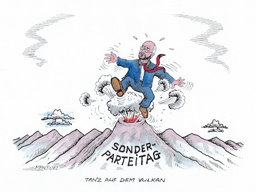 Cartoon: Schulz auf dem Parteitag (medium) by mandzel tagged spd,schulz,sonderparteitag,vulkan,groko,union,koalition,spd,schulz,sonderparteitag,vulkan,groko,union,koalition