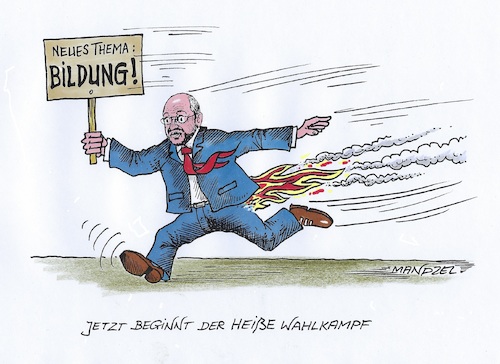 Cartoon: Schulz kommt in Fahrt (medium) by mandzel tagged spd,wahlkampf,schulz,bildungsthemen,bundestagswahlen,spd,wahlkampf,schulz,bildungsthemen,bundestagswahlen