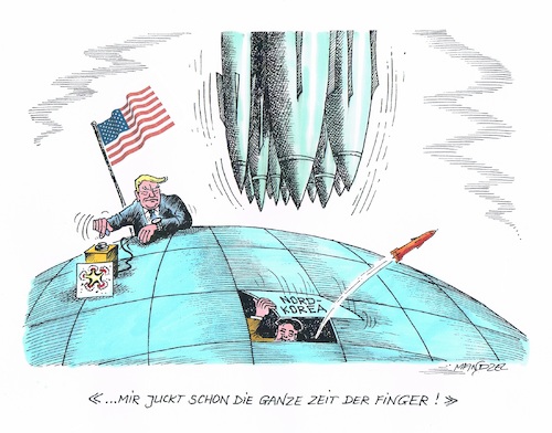 Cartoon: Trump am Drücker (medium) by mandzel tagged nordkorea,usa,trump,atomprogramm,kim,präventivschlag,mandzel,karikatur,provokation,raketentests,nordkorea,usa,trump,atomprogramm,kim,präventivschlag,mandzel,karikatur,provokation,raketentests