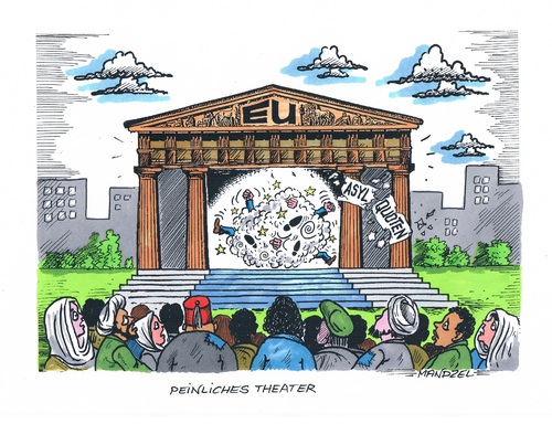 Cartoon: Unfähige EU (medium) by mandzel tagged asyl,flüchtlinge,quoten,eu,theater,streit,asyl,flüchtlinge,quoten,eu,theater,streit
