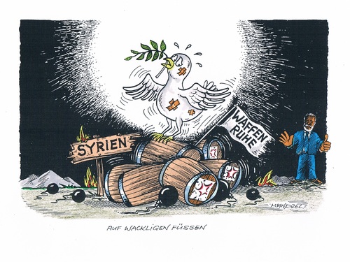 Cartoon: Wacklige Waffenruhr in Syrien (medium) by mandzel tagged kofiannan,dynamitfässer,bomben,syrien,waffenruhe,friedenstaube,friedenstaube,waffenruhe,syrien,bomben,kofi annan,kofi,annan