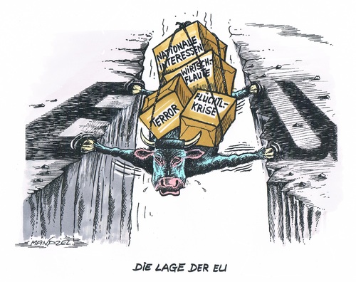 Cartoon: Zerreißprobe der EU (medium) by mandzel tagged eu,kuh,terror,flüchtlingskrise,wirtschaftsflaute,nationalinteressen,eu,kuh,terror,flüchtlingskrise,wirtschaftsflaute,nationalinteressen