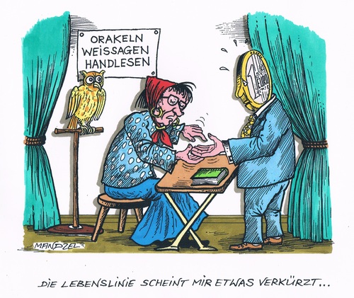 Cartoon: Zukunft des Euro (medium) by mandzel tagged euro,orakel,griechenland,lebenslinie,euro,orakel,griechenland,lebenslinie