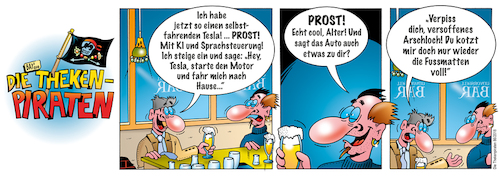 Cartoon: Die Thekenpiraten 86 (medium) by stefanbayer tagged theke,piraten,thekenpiraten,bar,lounge,club,bier,sekt,wein,gastronomie,bay,bayer,stefanbayer,ki,computer,mobilität,auto,autonom,sprachsteuerung,arschloch,betrunken,technik,digital,tesla