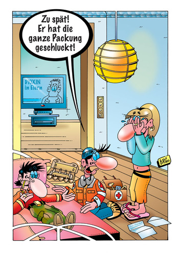 Cartoon: Dioxinskandal! (medium) by stefanbayer tagged trauer,sterben,essen,skrupellosigkeit,geldgier,skandal,packung,schlucken,stefanbayer,bayer,stefan,freitod,nachrichten,fernseher,bett,sani,sanitäter,tod,tot,selbstmord,eierkarton,fleisch,ei,eier,verseuchung,nahrung,lebensmittel,gift,toxin,dioxin