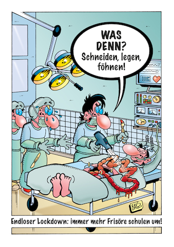 Cartoon: Frisöre im Lockdown (medium) by stefanbayer tagged frisör,friseur,lockdown,corona,covid,arbeit,existenz,schneiden,legen,fönen,op,krankenhaus,umschulung,umschulen,chirurgie,operation,skalpell,bay,stefanbayer