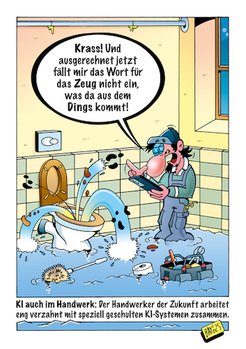 Cartoon: Handwerk der Zukunft (medium) by stefanbayer tagged handwerk,handwerker,zukunft,ki,ai,smartphone,künstlicheintelligenz,toilette,notfall,wasserschaden,zeug,dings,arbeitswelt,stefanbayer,bay
