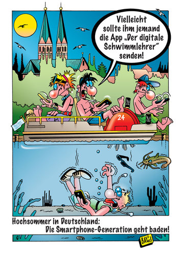 Cartoon: Hochsommer (medium) by stefanbayer tagged sommer,sonne,hochsommer,urlaub,wasser,see,meer,tretboot,handy,smartphone,app,schwimmen,tauchen,ertrinken,generation,helfen,schwimmlehrer,digital,stefan,bayer,stefanbayer