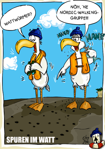 Cartoon: Zwei Möwen unterhalten sich (medium) by Grayman tagged möwen,watt,spuren,sand,meer,was,nicht,da,ist,nordicwalking
