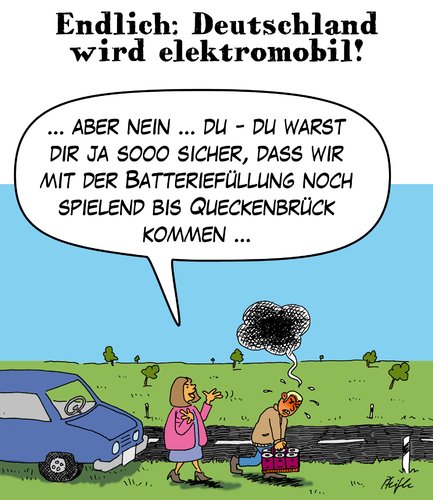 Cartoon: schleppend-elektromobil (medium) by Andreas Pfeifle tagged deutschland,elektroauto,mobil,batterie,ersatzkanister,auto,elektromobil