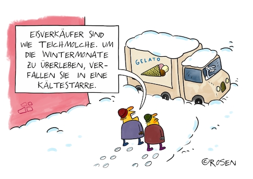Cartoon: Eisverkäufer (medium) by Holga Rosen tagged eisverküfer,eis,wintermonate,winter,teichmolche,winterstarre,eisverküfer,eis,wintermonate,winter,teichmolche,winterstarre