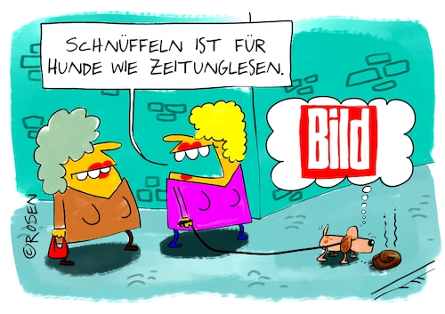 Cartoon: Hundezeitung (medium) by Holga Rosen tagged bild,springer,bild,springer,hund,schnüffeln,zeitung,lesen,kacke,frauen,spaziergang