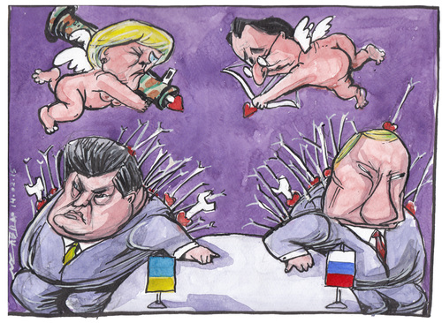 Cartoon: minsk peace talks (medium) by Tchavdar tagged separatism,lugansk,donetsk,russia,ucraine,peace,war,valentine,cupid,hollande,merkel,putin,poroshenko,minsk