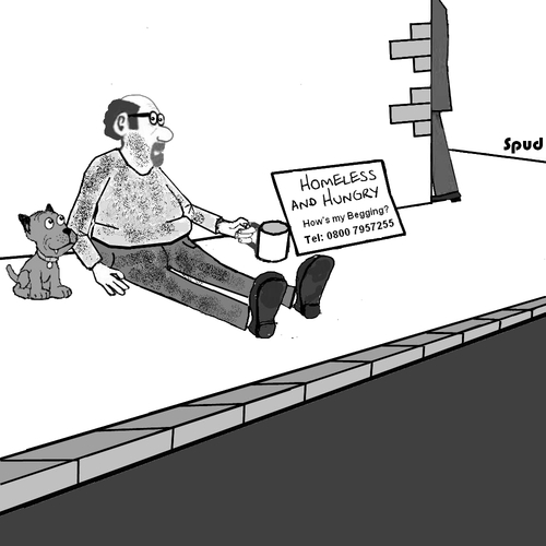Cartoon: 800 Begging (medium) by cartoonsbyspud tagged cartoon,spud,hr,recruitment,office,life,outsourced,marketing,it,finance,business,paul,taylor