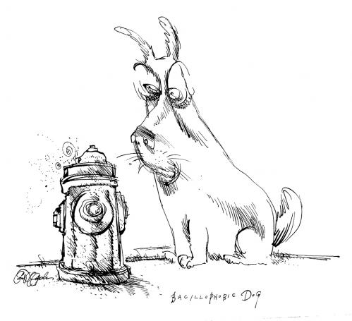 Cartoon: Bacteriophobic Dog (medium) by ian david marsden tagged phobia,neurosis,dog,pets,psychosis,hydrant,,phobie,neurose,hund,tier,psychose,hydrant