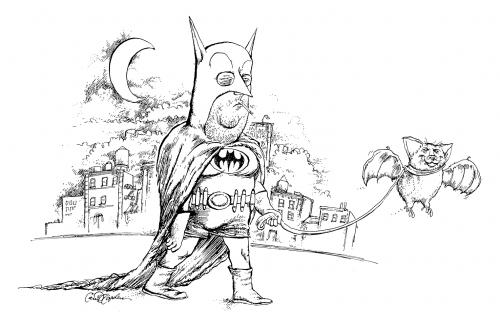 Cartoon: Batman and his pet (medium) by ian david marsden tagged superhero,batman,bats,pet,insomnia,walking,,batman,tier,haustier,fledermaus,schlaflos,laufen,mann,freunde,superheld,held,stadt,rauchen,nachts,leine,spazieren