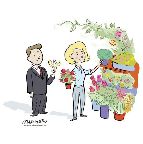 Cartoon: flower shop with man and woman 2 (medium) by ian david marsden tagged flowers,blumen,laden,schmetterling,butterfly,shop,flower,plants,lady,salesgirl,shopgirl,cartoon,illustration,schmetterling,blumen,laden,illustration,geschenk,frauen,natur,deko,freude,liebe