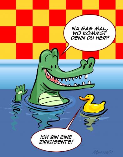 Cartoon: Kroko und Entchen (medium) by ian david marsden tagged kinderbuch,figuren,suess,ente,krokodil,jugend,kinder,farbig,bunt,marsden,,kinderbuch,kind,jugend,figuren,zirkus,süß,ente,krokodil,quietscheentchen,baden,wasser,badewanne,tiere