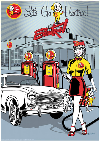 Cartoon: Lets Go Electric! (medium) by ian david marsden tagged marsden,vector,illustrator,illustration,advertising,sixties,fifties,pinup,poster,retro,automobile,car,alternative,renewable,energy,electric,retro,tankstelle,tanken,sprit,illustration,autos,umwelt,natur