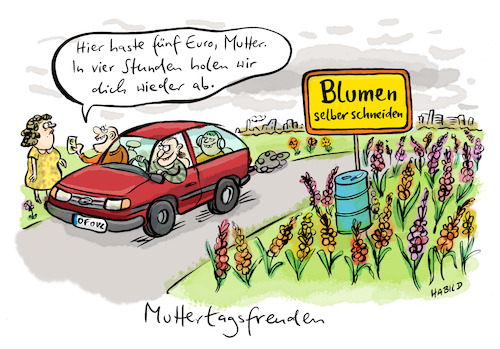 Cartoon: Muttertagsfreuden (medium) by habild tagged muttertag,blumen,geschenk,mutter,kinder,familie