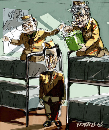 Cartoon: caserma barracks (medium) by portos tagged barracks,caserma,berlusconi,fini,bossi