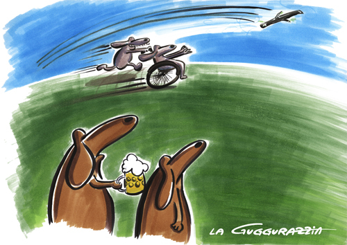 Cartoon: Dogs and beer (medium) by LA RAZZIA tagged wheelchair,rollstuhl,hund,dog,sport,beer,bier