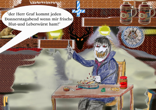 Cartoon: kulinarik (medium) by wheelman tagged donnerstag,essen,bayrisch,wirtshaus,spezialität