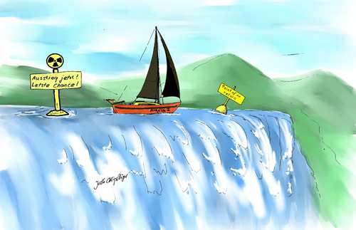 Cartoon: Point of no return Last Chance (medium) by Johli tagged strahlung,nukleare,erde,merkel,wahlen,atomausstieg