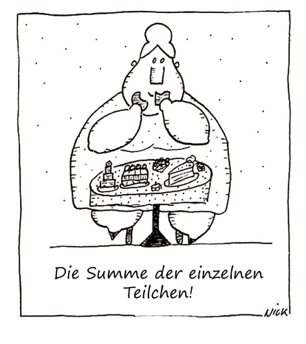 Cartoon: Die Summe der einzelnen Teilchen (medium) by Oliver Kock tagged naschen,gebäck,frau,dick,glücklich,essen,zufriedenheit,kuchen,teilchen