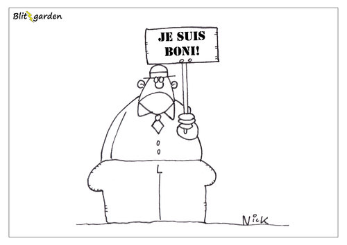 Cartoon: Je suis Boni! (medium) by Oliver Kock tagged vw,vorstandsbonus,boni,dieselgate,betrug,belohnung,auto,volkswagen,wirtschaft,industrie,gier,marke,markenführung,manipulation,cartoon,nick,blitzgarden