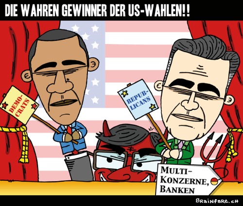 Cartoon: The real winners! (medium) by BRAINFART tagged usa,north,america,president,präsident,obama,mitt,romney,barack,wahlen,multikonzern,banken,dollar,wahr,gewinner,comic,cartoon,character,fun,funny,spass,gedanken,hinter,vorhang,brainfart,art