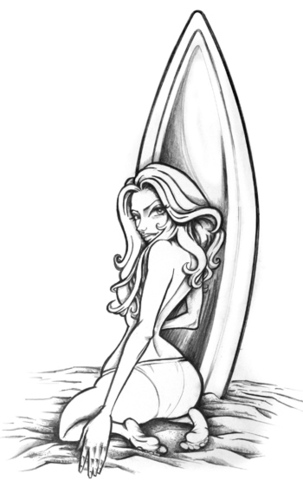 Cartoon: surfer girl (medium) by michaelscholl tagged sexy,woman,surfer,topless,girl,kneeling,sand,beach,surfboard